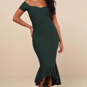 Lulus “How Much I Care” Dark Green Off-the-Shoulder Midi Dress